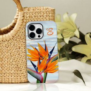 Coque Pour Pour iPhone 14 Pro Max Monogramme initial de la fleur d'oiseaux de paradi