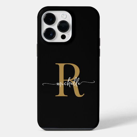 Coque Pour Pour iPhone 14 Pro Max Monogramme Initial Script Or Noir De Style Moderne (Verso)