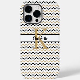 Coque Pour Pour iPhone 14 Pro Max Monogramme Nom Initial Noir Or Chevron Zig Zag