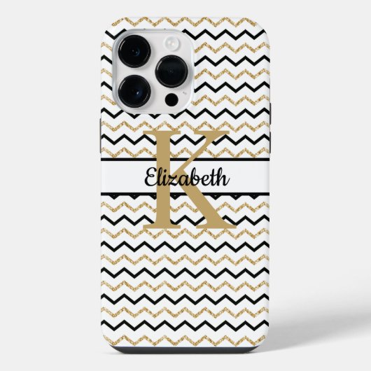 Coque Pour Pour iPhone 14 Pro Max Monogramme Nom Initial Noir Or Chevron Zig Zag (Verso)