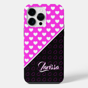 Coque Pour Pour iPhone 14 Pro Max Noir Et Rose Et Blanc Coeurs Nom Modèle
