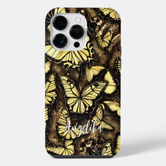 Coque Pour Pour iPhone 14 Pro Max Nom de papillon Noir et Or (Verso)