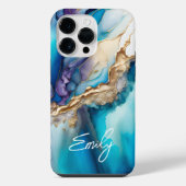 Coque Pour Pour iPhone 14 Pro Max Nom de script Marbre Bleu Aqua Or (Verso)