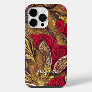 Coque Pour Pour iPhone 14 Pro Max Nom personnalisé floral moderne rouge et or