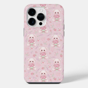 Coque Pour Pour iPhone 14 Pro Max Ours rose mignon et motif sans couture de bouquet