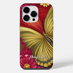 Coque Pour Pour iPhone 14 Pro Max Papillon élégant or et burgundy Nom personnalisé