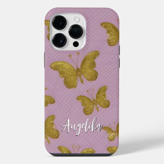 Coque Pour Pour iPhone 14 Pro Max Papillons dorés Nom personnalisé (Verso)
