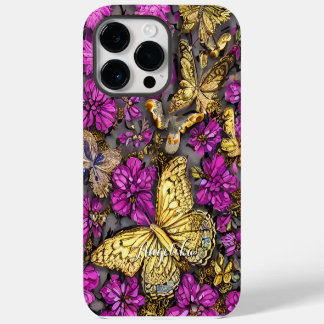 Coque Pour Pour iPhone 14 Pro Max Papillons en or rose et violet Nom personnalisé