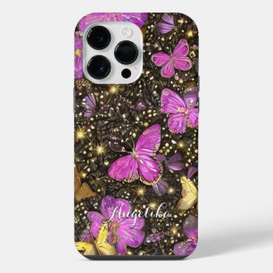 Coque Pour Pour iPhone 14 Pro Max Papillons personnalisés rose, or et noir tendance