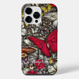 Coque Pour Pour iPhone 14 Pro Max Papillons rouges et noirs Nom personnalisé