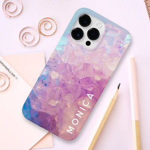 Coque Pour Pour iPhone 14 Pro Max Personnalisé rose violet cristal Quartz Nom de pie
