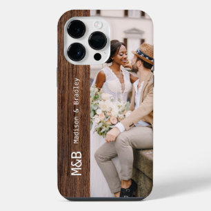 Coque Pour Pour iPhone 14 Pro Max Photo de couple monogrammé sur bois avec nom perso