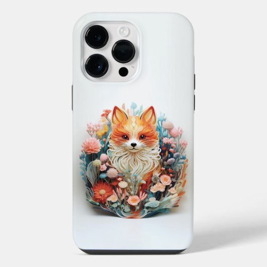 Coque Pour Pour iPhone 14 Pro Max Renard mignon avec fleurs découpage en papier 3D (Verso)