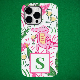Coque Pour Pour iPhone 14 Pro Max Rose Prépa Vert Alligator Vin Monogramme