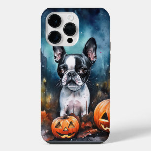 Coque Pour Pour iPhone 14 Pro Max Tête de chien Bostonien Halloween avec citrouilles