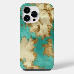 Coque Pour Pour iPhone 14 Pro Max Turquoise Brown Cream Animal Cowhide Western