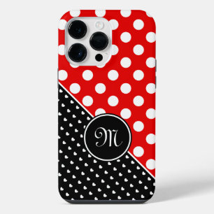Coque Pour Pour iPhone 14 Pro Max Votre monogramme élégant pois rouges noir blanc