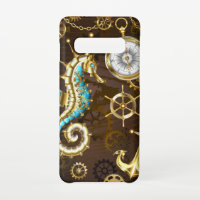 Arrière - plan en bois avec cheval de mer mécaniqu