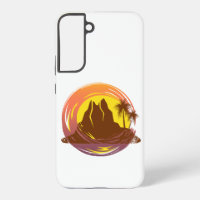 Badge avec paysage de volcan tropical et palmiers