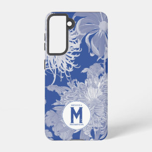 Coque Samsung Galaxy Blanc bleu Vintage Chinoiserie Floral Monogramme