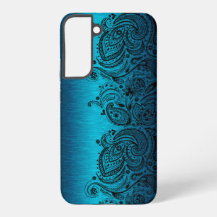 Coque Samsung Galaxy Bleu Aqua Métallisé Avec Dentelle Paisley Noire