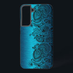 Coque Samsung Galaxy Bleu Aqua Métallurgique Avec Dentelle Paisley Noir<br><div class="desc">Image d'un look d'aluminium brossé à motif métallique bleu aqua avec dentelle en cachemire floral noir.</div>
