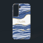 Coque Samsung Galaxy Bleu Marbre Agate Parties scintillant or Personnal<br><div class="desc">Aquarelle bleu Indigo agate marbre design avec faux détail parties scintillant or. Modifiez le nom pour customiser.</div>