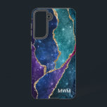 Coque Samsung Galaxy Blue Purple Aqua Gold Veines Agate Monogramme<br><div class="desc">Protégez votre téléphone avec style grâce à ce design chic avec votre monogramme et des tons colorés d'agate bleu,  violet et aqua avec des veines métalliques en feuille d'or et des étoiles brillantes.</div>