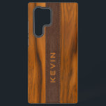Coque Samsung Galaxy Bois d'acajou et texture de teather marron monogra<br><div class="desc">Design simple,  élégant,  masculin,  en bois acajou et texture cuir marron. Nom personnalisé.</div>