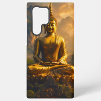 Bouddha assis doré sous un ciel de coucher de sole