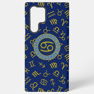 Coque Samsung Galaxy Cancer Zodiaque+Symboles d'Astrologie Motif Or+Ble