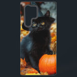 Coque Samsung Galaxy Chat noir d'Halloween et Citrouille<br><div class="desc">Coque Samsung Galaxy avec un adorable chat noir portant un casquette de sorcière ! Cette petite mignonne pose avec un citrouille. Les feuilles d'automne tapis le sol de la forêt. Un cadeau parfait pour les fêtes d'Halloween !</div>