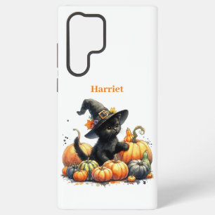 Coque Samsung Galaxy Chaton noir d'Halloween avec citrouilles et chapea