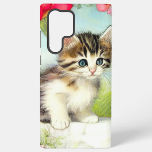 Coque Samsung Galaxy Chaton vintage blanc et Brown avec fleurs