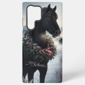 Coque Samsung Galaxy Cheval noir dans la neige avec couronne de Noël (Verso)