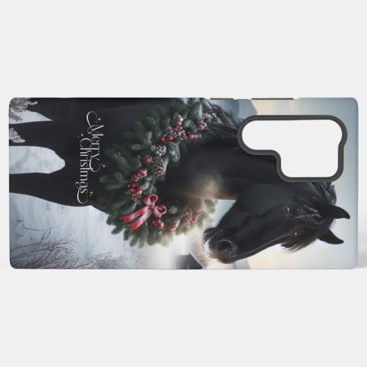 Coque Samsung Galaxy Cheval noir dans la neige avec couronne de Noël (Verso Horizontal)