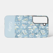 Coque Samsung Galaxy Chic Motif Feuille Bleue Pastel/Nom Personnalisé (Verso Horizontal)