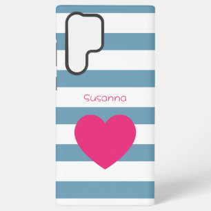 Coque Samsung Galaxy Cœur Rose Rayé Bleu et Blanc Personnalisé 