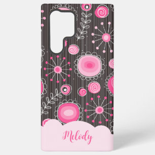 Coque Samsung Galaxy Coeurs gris rose blanc et nom fleuri