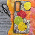 Coque Samsung Galaxy Coloré Feuille de l'Aspen de automne photo personn<br><div class="desc">Cette conception comprend une photographie de feuilles d'Aspen de chute coloré sur pierre avec et le texte modèle. Personnalisez ou supprimez le texte modèle ou cliquez sur personnaliser pour sélectionner un style de police, une taille et une couleur que vous préférez. Vous pouvez également ajouter cette conception à d'autres marques...</div>