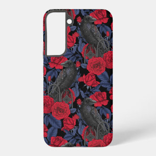 Coque Samsung Galaxy Corbeaux et roses avec feuilles bleu foncé