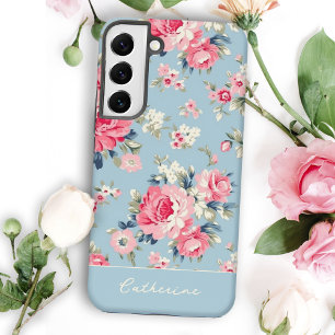 Coque Samsung Galaxy Cottage Personnalisé Roses Roses sur Fond Bleu