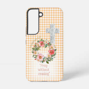 Coque Samsung Galaxy Cottagecore Orange à Carreaux  Couronne de Roses C
