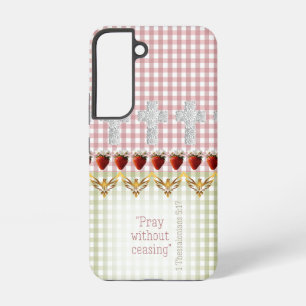 Coque Samsung Galaxy Cottagecore Rose Vert Damier Croix Colombe Écritur