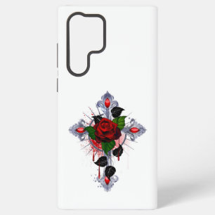 Coque Samsung Galaxy Croix d'argent avec une rose rouge