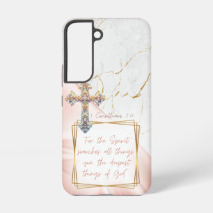 Coque Samsung Galaxy Croix élégante en marbre doré et satin rose religi