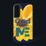Coque Samsung Galaxy Dieu me favorise<br><div class="desc">Belle conception graphique,  aquarelle jaune fleur fond avec les mots "DIEU ME FAVORISE" - le tout dans un arrière - plan bleu marine foncé.</div>