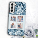 Coque Samsung Galaxy Élégant floral Vintage bleu 4 photos<br><div class="desc">Cet élégant design présente un modèle carré à quatre photos avec des bordures blanches sur un motif arrière - plan d'inspiration vintage monochrome d'inspiration bleue aux feuilles et aux fleurs complexes.</div>