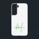 Coque Samsung Galaxy Élégant Monogramme moderne blanc vert Script<br><div class="desc">Élégant Élégant Étui De Téléphone Monogramme De Script Vert Moderne. Un élégant monogramme de script vert combiné à une police de caractères noir propre san-serif donne un look contemporain.</div>