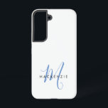 Coque Samsung Galaxy Élégant Monogramme moderne bleu blanc<br><div class="desc">Élégante Boîtier de téléphone Monogramme moderne bleu blanc. Un élégant monogramme de script bleu combiné à une police de caractères noir propre san-serif donne un look contemporain.</div>